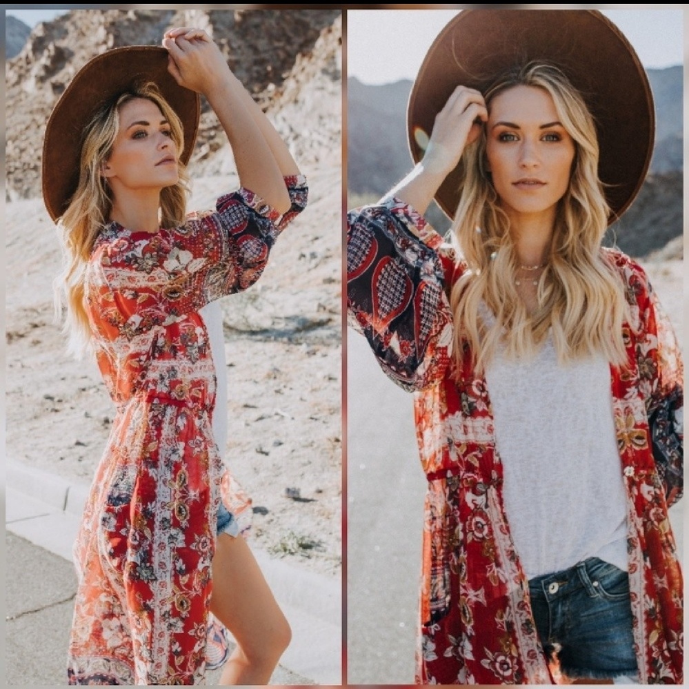 IDYL Duster Floral Berry Red Maxi Sheer NWT HPx3 - Picture 9 of 12